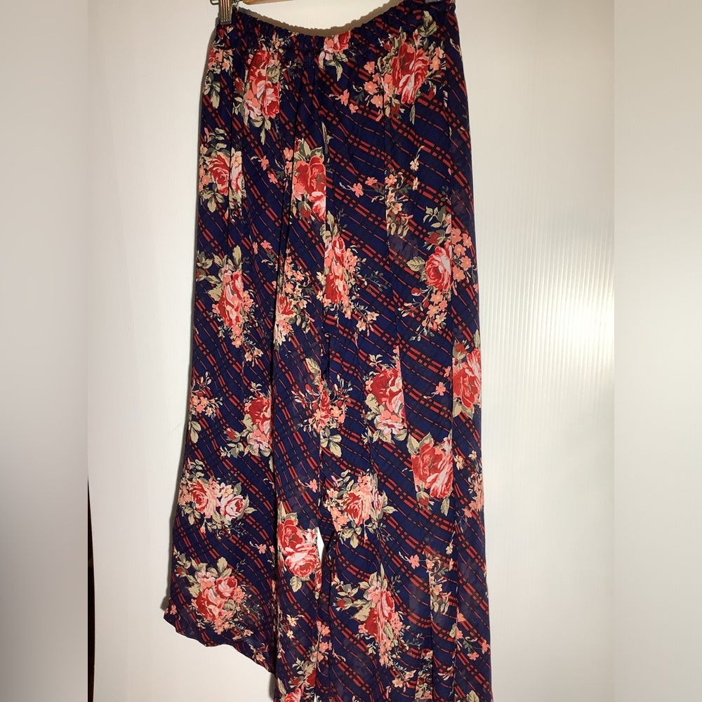 Floral Navy pants handmade waist 13 in stretches to 16in